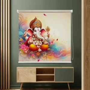 Colorful Ganesha Roller Mandir Blind with Lotus and Mandala Design