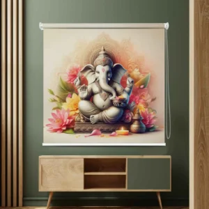 Lord Ganesha Roller Blind with Lotus Flowers Design for Pooja Room Decor