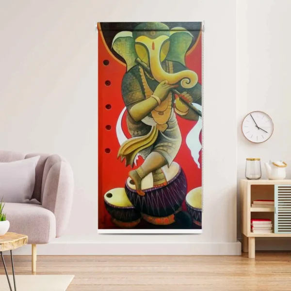 Musical Lord Ganesha Roller Blind, Hindu Spiritual Window Shade with Flute Design for Pooja Room and Mandir