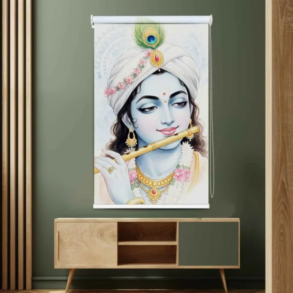 Elegant Krishna Roller Blind with white turban, flute & peacock feather perfect Roller Blind for pooja rooms, mandirs, meditation & home décor