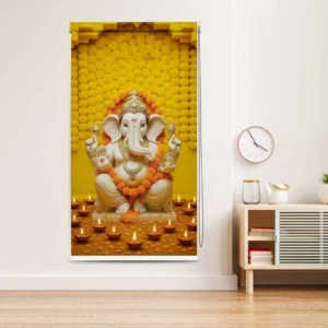 Blessings of Lord Ganesha Temple Roller Blind with Diyas & Marigold