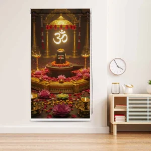 Shivling Mandir Roller Blind with Om symbol and lotus flowers