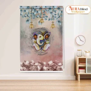 Elegant Ganesha Temple Roller Blind with lotus flowers, bells, and mandala design