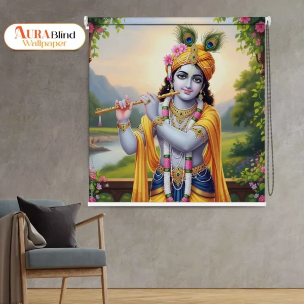 Elegant Lord Krishna Playing Flute Roller Blinds for Mandir and Pooja room