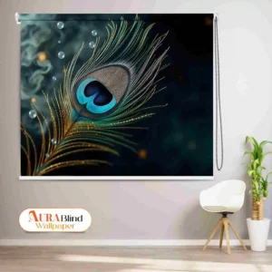 Peacock Feather Roller Blind for Pooja Room with a close-up of a majestic peacock feather design in gold, teal, and black colors