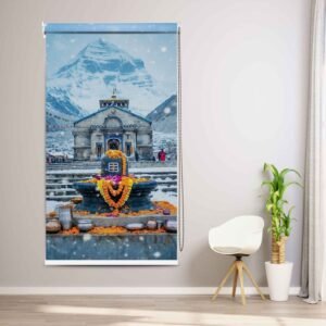 Kedarnath temple Shivling Pooja Room Decor Roller Blind with snow mountain background