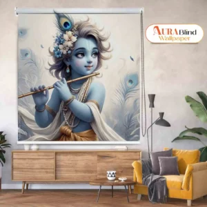Little Krishna Temple Roller Blind with Flute and Peacock Feather Design