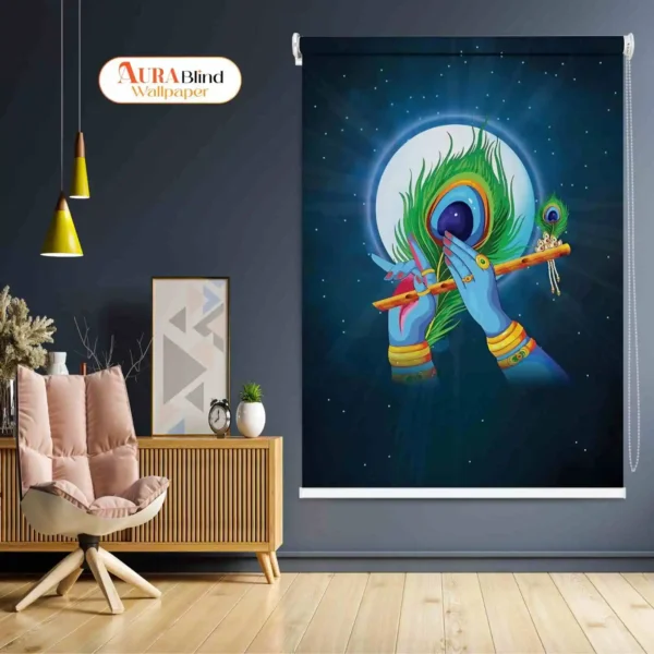 Lord Krishna Flute & Peacock Feather Temple Roller Blind