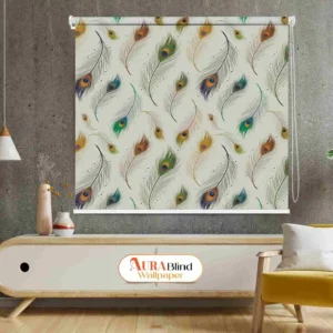 A stylish Mor Pankh (Peacock Feather) Pattern Pooja Room Roller Blind with a repeating pattern of colourful peacock feathers on an off-white background