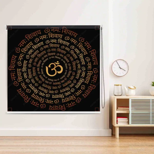 Om Namah Shivaya Mandir roller blind with Om symbol and mantra spiral design for puja room and meditation décor