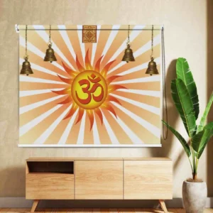 ॐ sun rays Temple roller blind with Temple bells for meditation and spiritual home décor