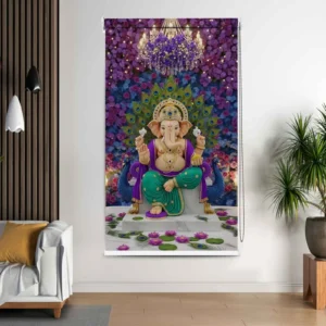 Peacock Ganesha Pooja Room Roller Blind with lotus flowers, floral backdrop, and chandelier for pooja room décor