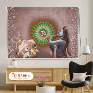 Lord Krishna with Cow and Om design Roller Blind for Pooja Room