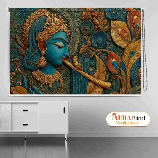 lord Krishna artwork design Roller Blind with Flute and Peacock Feather