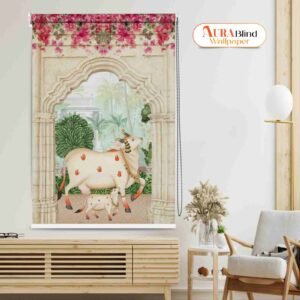 This Calf in Archway and Kamadhenu Cow Pichwai Roller Blind featuring an artistic, traditional Indian scene of a white Kamadhenu cow and calf standing inside a detailed stone or marble archway, with a palace and garden view, and a vibrant pink floral border (bougainvillea) across the top.