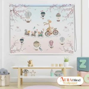 Cute Animal Parade Kids Room Roller Blind with cute animal parade, giraffe bicycle, and hot air balloons design