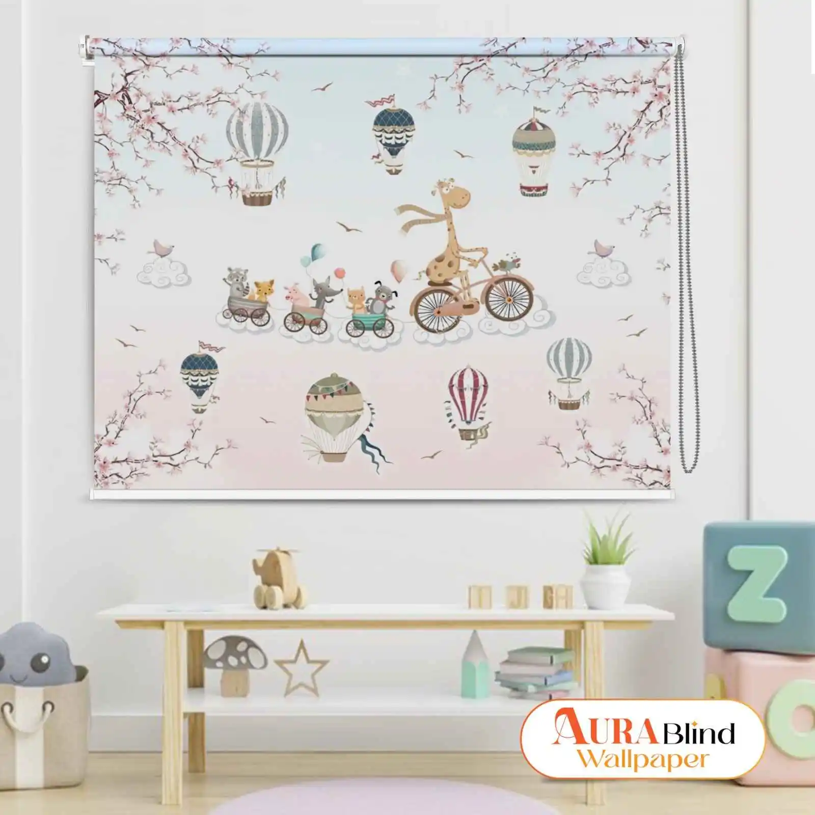 Cute Animal Parade Kids Room Roller Blind with cute animal parade, giraffe bicycle, and hot air balloons design