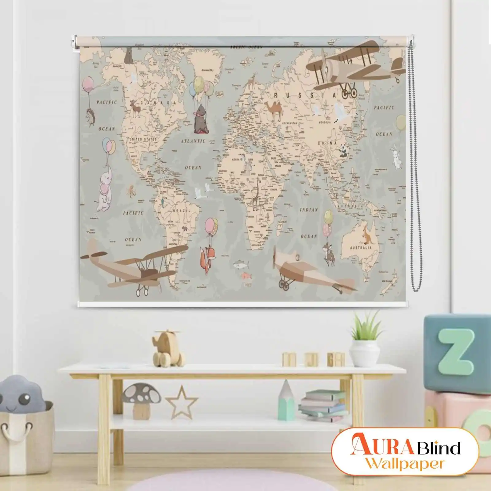 Beige Educational World Map Roller Blind for Kids' Room with animals, airplanes, and balloons – Aura Blind Wallpaper