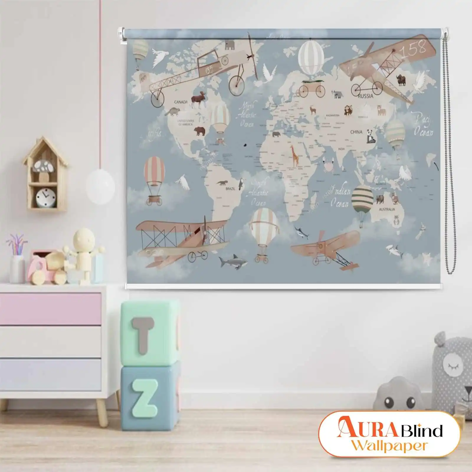 Educational World Map Roller Blind with Sky Blue Adventure Theme