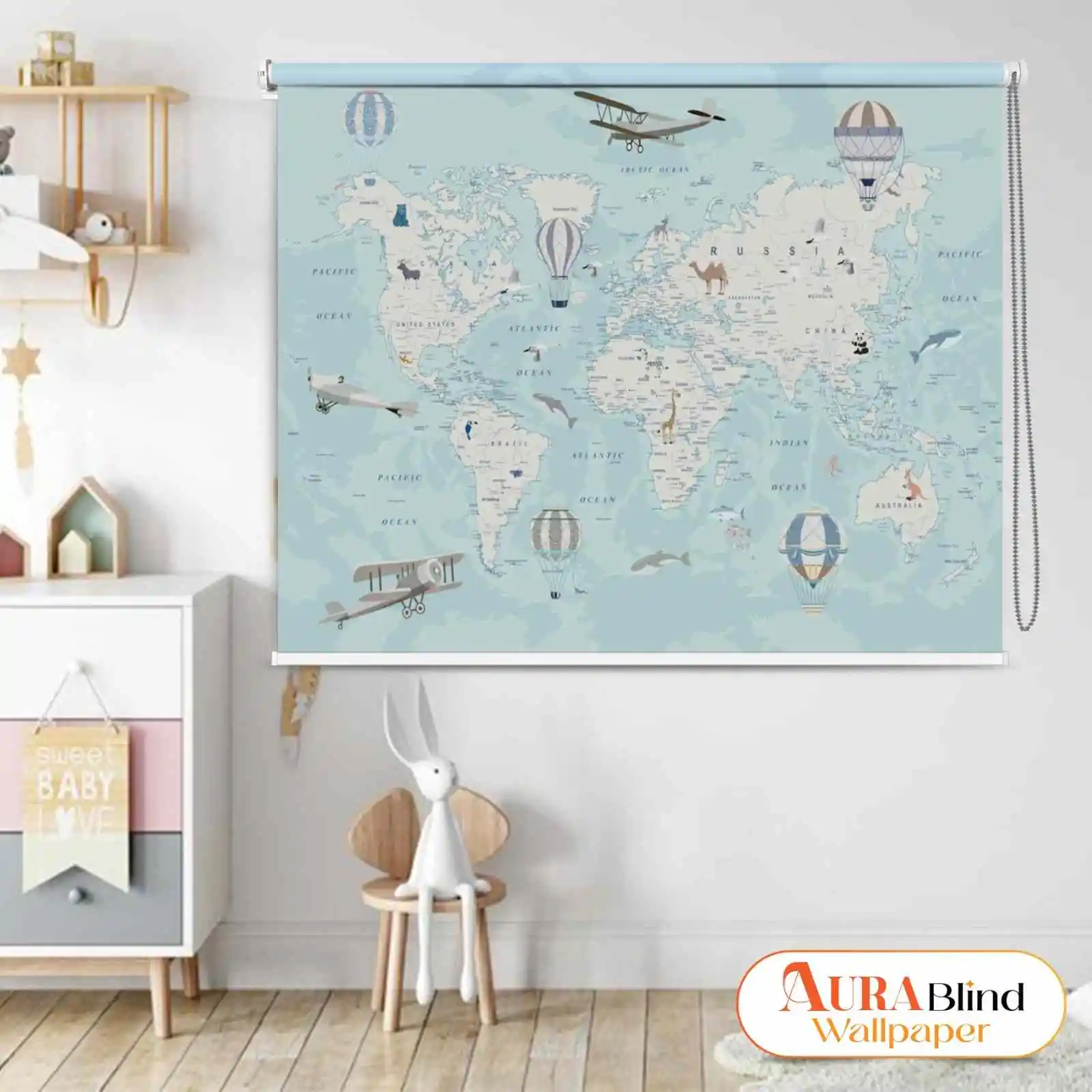 Kids Room World Map Roller Blind with airplanes, hot air balloons, and animal illustrations