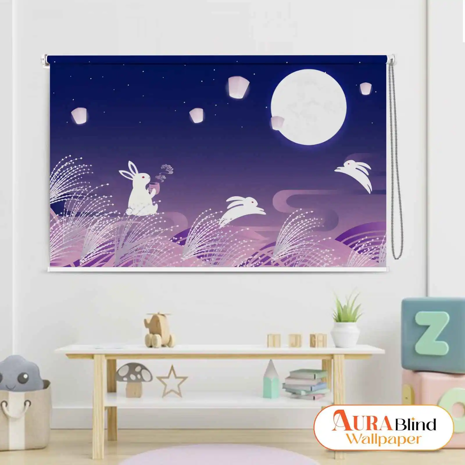 Moonlight Bunny Dreamy Night Sky Design Kids Room Roller Blind