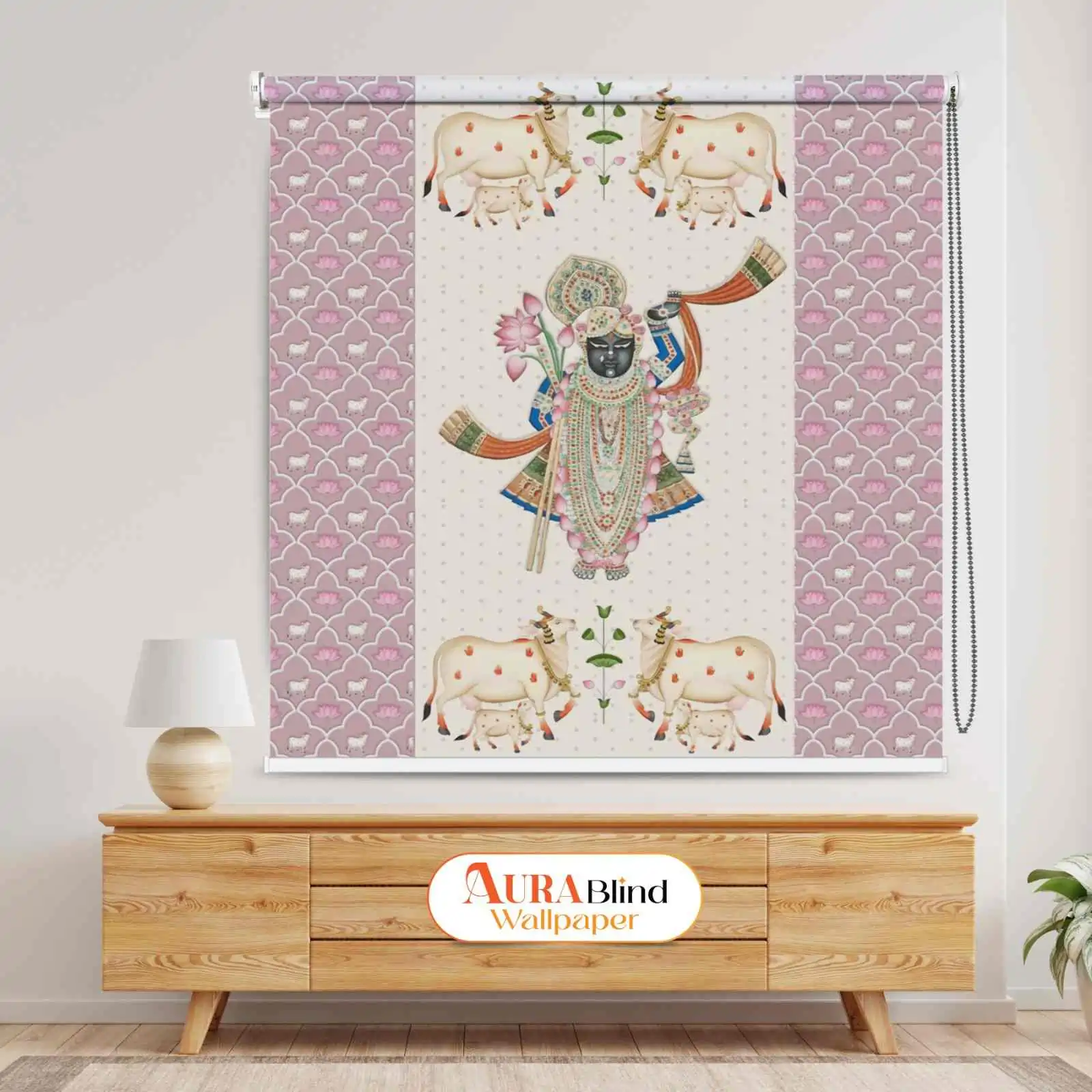 Shreenathji Mandir and Pooja Room pichwai Roller Blind featuring Lord Shreenathji with lotus and cow motifs. Perfect spiritual window blind for temples, prayer rooms, and meditation spaces.