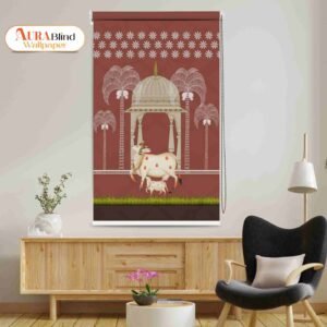 This Traditional Indian Kamadhenu Cow Pichwai Design Temple Roller Blind featuring a white Kamadhenu cow and calf beneath a domed temple pavilion and white palm trees, set against a rich rustic red or maroon background with a repeating white geometric/floral border at the top.
