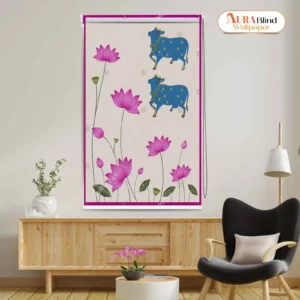 Blue Cow and Lotus Pichwai Art Design Mandir Roller Blind