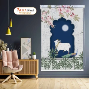 Cow & Peacock Pichwai Roller Blind with Moonlight Arch Design