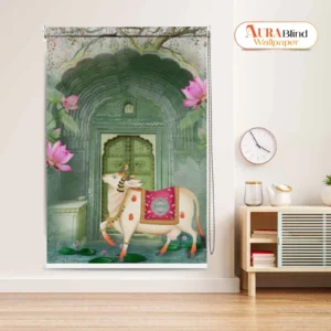 Pichwai Roller blind with Kamdhenu cow artwork in front of a green temple arch and lotus flowers