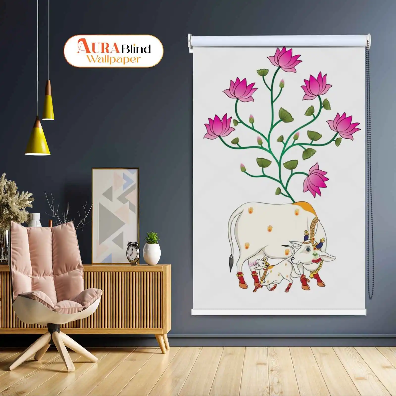 Lotus Blossom Cow Pichwai Mandir Roller Blind with white cow and calf under blooming lotus flowers