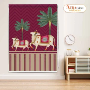 Majestic Cow and Palm Tree Ethnic Pichwai Art Pooja Room Roller Blind for Pooja Room with palm tree artwork on maroon background