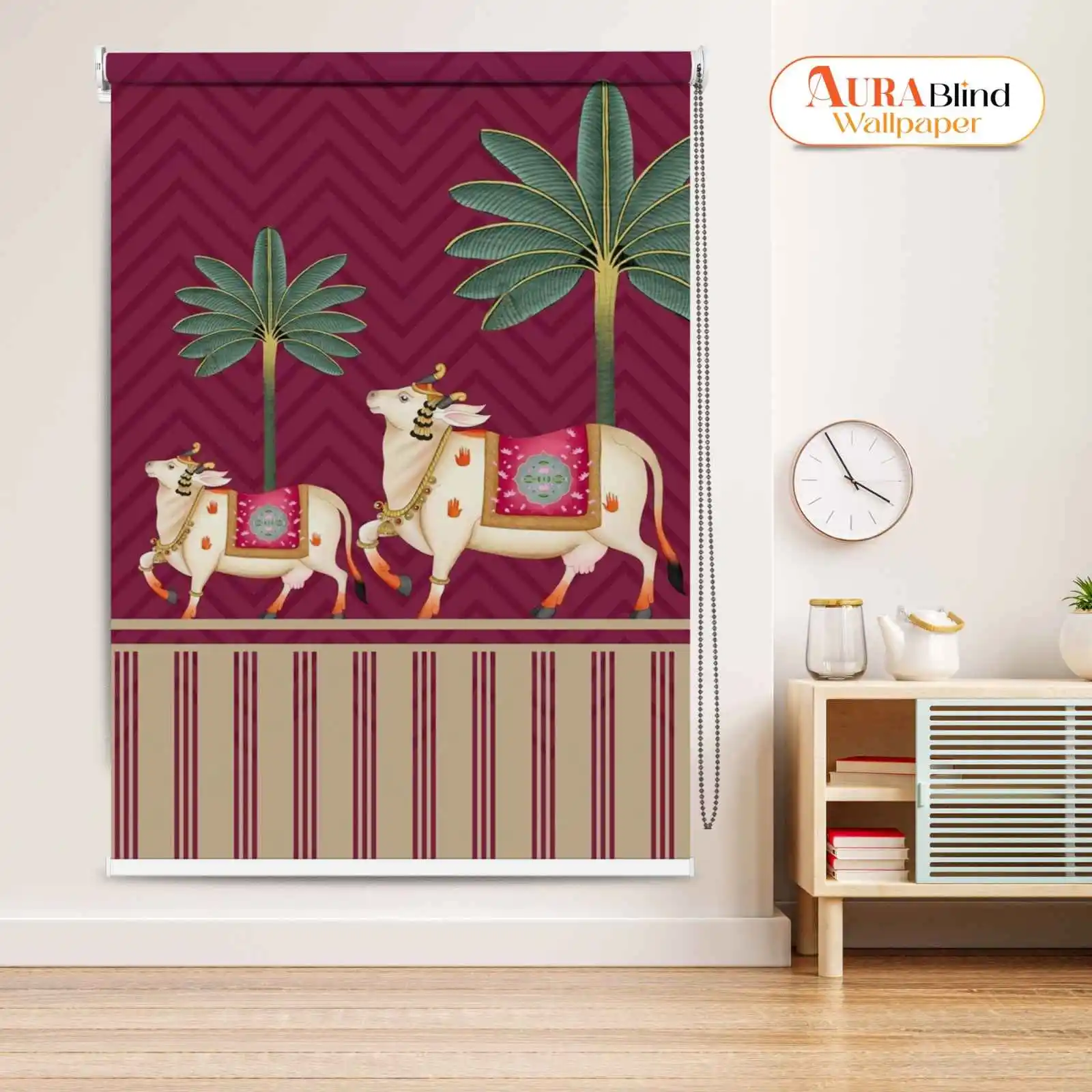 Majestic Cow and Palm Tree Ethnic Pichwai Art Pooja Room Roller Blind for Pooja Room with palm tree artwork on maroon background