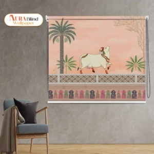 Peach Palace Cow and Palm Tree Pichwai Art Printing Roller Blind