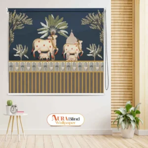 Royal Blue Pichwai Temple Cow and Calf Designer Roller Blind with traditional cow and calf artwork, temple dome, floral elements, and striped borde