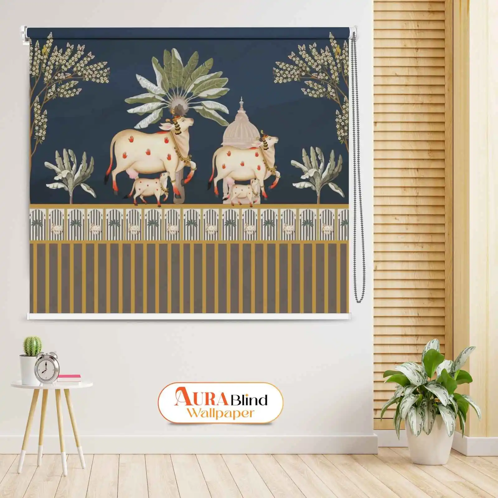 Royal Blue Pichwai Temple Cow and Calf Designer Roller Blind with traditional cow and calf artwork, temple dome, floral elements, and striped borde