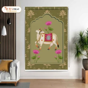 Royal Lotus Cow Pichwai Art Roller Blind featuring traditional Indian cow artwork with lotus flowers and arched frame on green background.