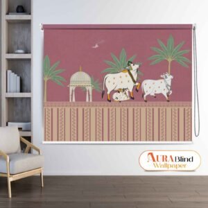 Sacred Cow and Calf Heritage Pichwai Art Roller Blind for Pooja Room