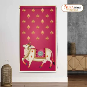 Pink Traditional Indian Cow Pichwai Art Roller Blind for Mandir with gold lotus pattern