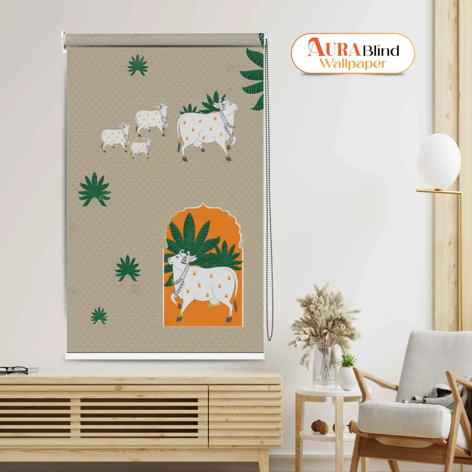 Traditional Indian Pichwai Pooja Room Roller Blind with Kamdhenu Cow