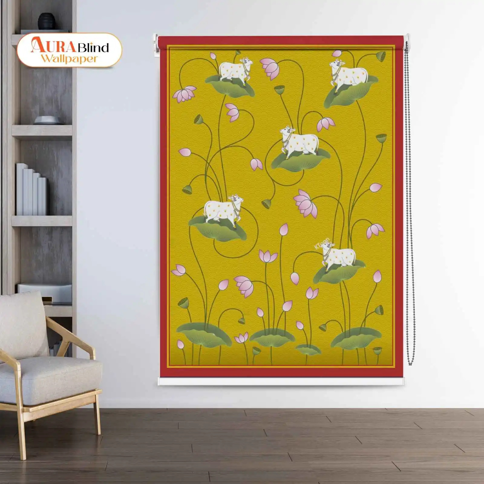 Traditional Yellow Floral Cow and Lotus Pichwai Roller Blind