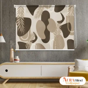 Abstract Earth Tone Roller Blind with organic shapes and botanical leaf accents in a modern interior