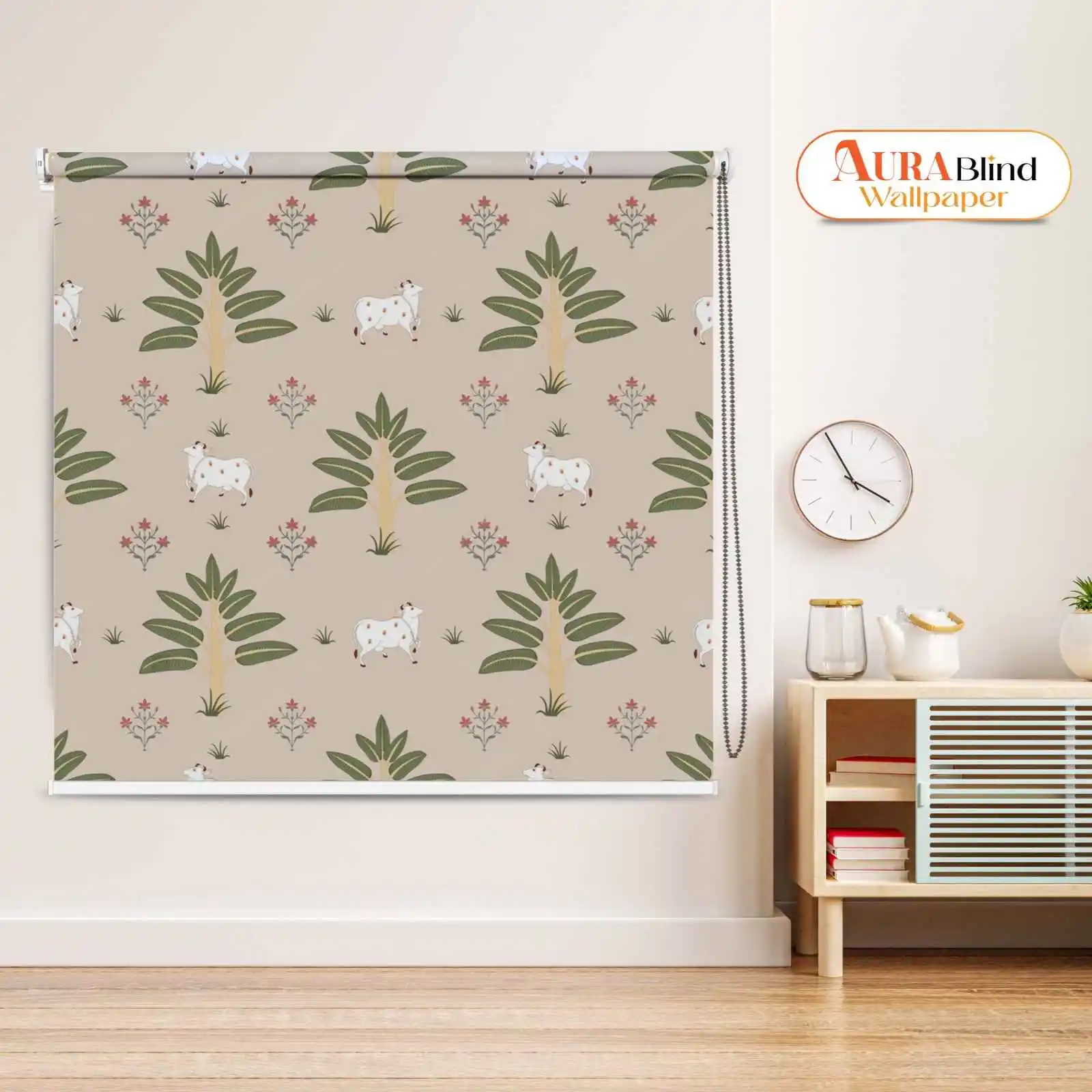 Beige Botanical Pattern Cow and Palm Design Pichwai Roller Blind