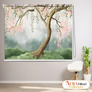 Blossoming Willow Tree Design Roller Blind featuring a blossoming willow tree with pink flowers and a soft, misty green landscape in a modern interior setting