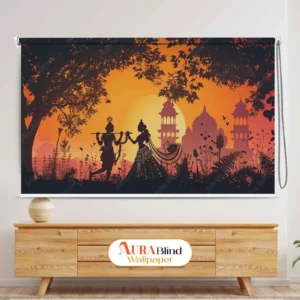 Divine Romantic Radha Krishna Sunset Silhouette Roller Blind