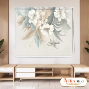 Elegant Botanical Pastel Floral Roller Blind with beige and blue leaves installed in a modern wooden interior setting
