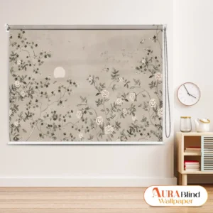 Elegant Floral Moon Roller Blinds with delicate botanical branches, flowers, and subtle moon design on a neutral background