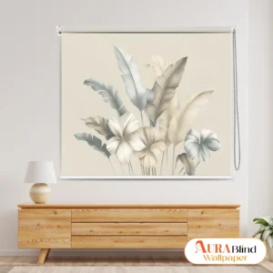Elegant Neutral Botanical Roller Blind with Modern Tropical Leaf Design