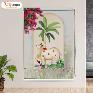 Floral Pastel Decor Cow and Tropical Arch Pichwai Roller Blind featuring a decorative cow illustration with banana tree, flowers, and bougainvillea in an arched frame by Aura Blind Wallpaper