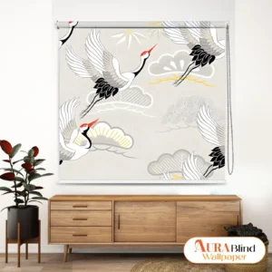 Flying crane pattern roller blind with illustrated birds and decorative cloud motifs on a neutral background